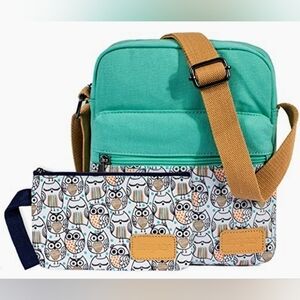 Bohemian Leaper Owl Print Bag 2-PC Set - Teal and Tan